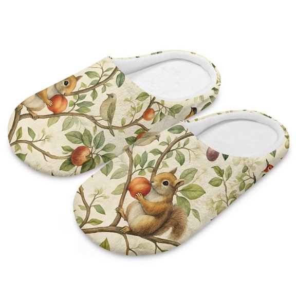 POLERO Women's Indoor Slippers Closed Toe Cute Squirrel Floral Print Fuzzy House Slippers for Woman Winter Warm Shoes for Ladies Bedroom Shoes, Size 10.5-11.5