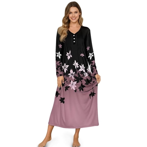 POLERO Women's Nightgowns Long Sleeve Button Down Pink-purple Floral Print Breathable Warm Nightdress Soft Full Length House Dress Winter Sleepwear, 2X Large