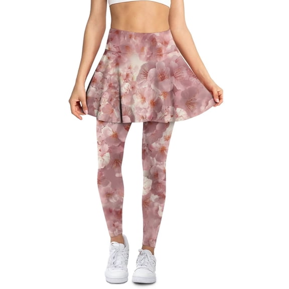 POLERO Women's Pink Cherry Blossom Floral Yoga Pants with Skirt Butt Lifting Tennis Leggings Full Length Skirted Yoga Pants with Pockets Non See Through Athletic Skirts for Women Plus Size