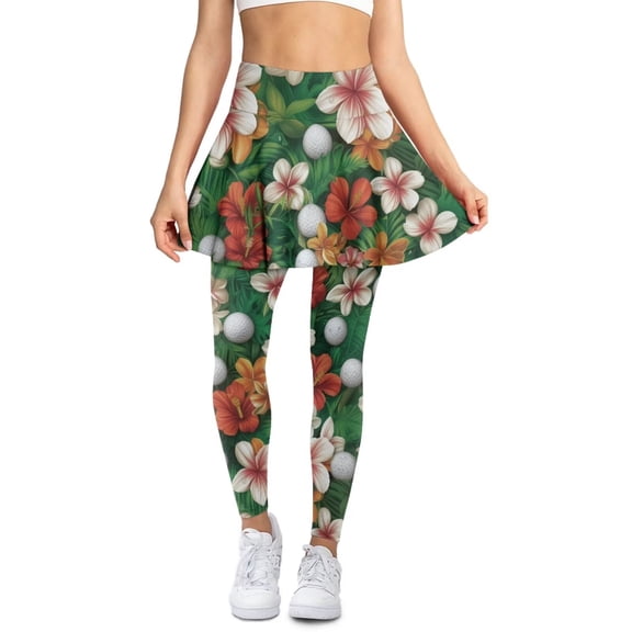 POLERO Women's Plumeria Golf Green Leaf Skirted Leggings Tummy Control Athletic Workout Yoga Skirt with Tennis Sports Golf Leggings Lounge Pants Trousers for Women