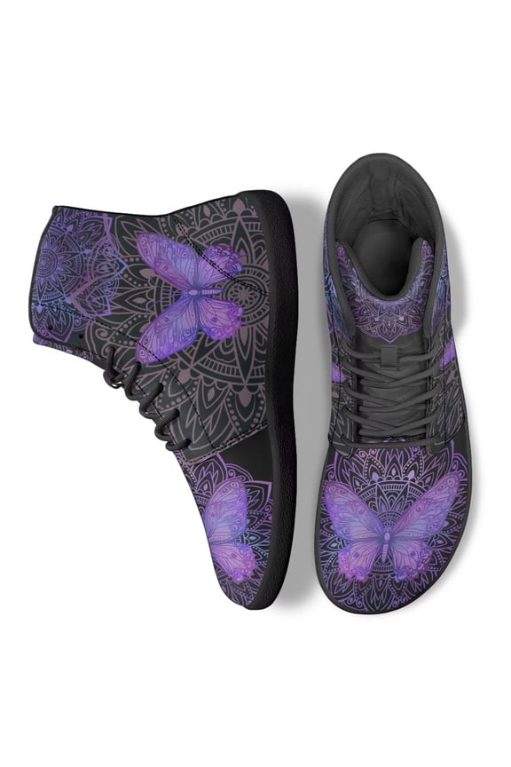 Women's Purple Butterfly Mandala Floral High Top Walk Shoes Lace-up Walking Shoes Comfortable Basketball Sneaker Trainers Running Tennis Work Barefoot Sneakers for Women Men Teens