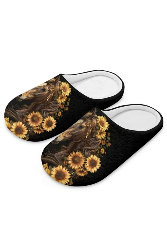 Women's Slippers Brown Horse Sunflower Print Fuzzy House Slippers for Women Indoor Closed Toe Slide for Ladies Bedroom Shoes, Size 6-7