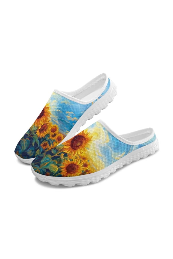 Women's Sunflower Mules Shoes Casual Slip On Loafers Yellow Floral Walking Sneakers Dressy Lightweight Breathable Slippers Open Back Garden Clogs