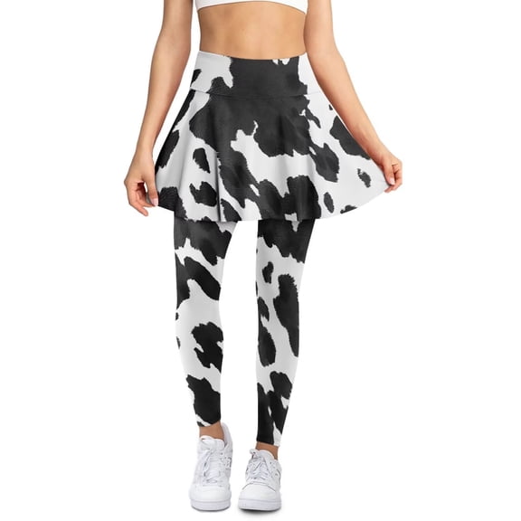POLERO Womens Black Cow Yoga Legging with Skirts Flare Pleated Yoga Pants Slim Fit Tennis Skirted Workout Leggings with Pockets Breathable Athletic Sports Legging with Skirt