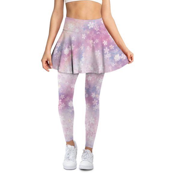 POLERO Womens Cherry Blossom Floral Yoga Legging Skirts with Pockets Butt Lifting Tennis Leggings with Pockets High Waisted Skirted Athletic Running Legging with Skirt