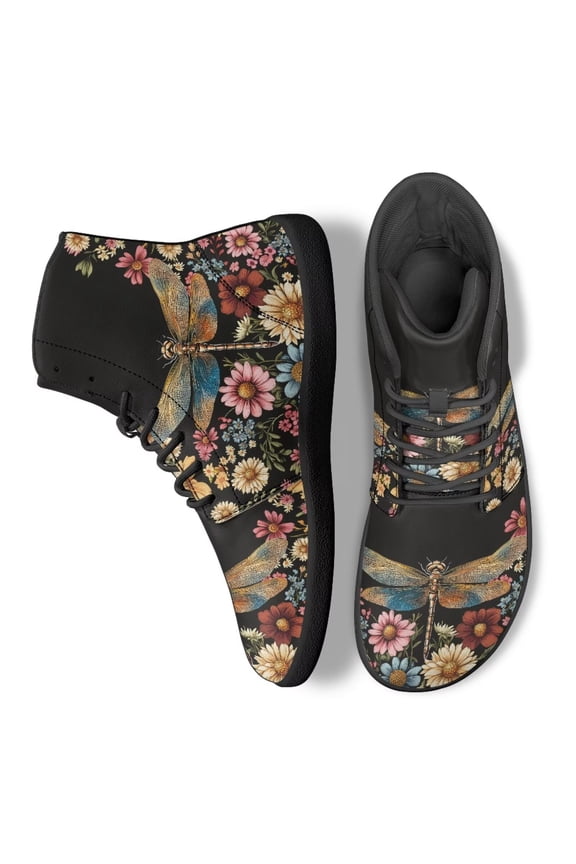 Womens Dragonfly Colorful Daisy Black Walking Barefoot Shoes High Top Running Flats Cycling Sneakers Business Sport Outdoor Gym Walk Sneaker Lace Up Hiking Tennis Work Shoes for Women