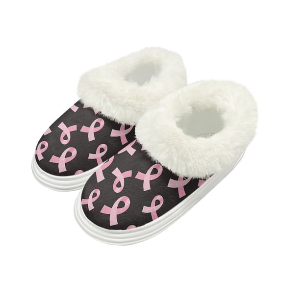 POLERO Womens Fuzzy Slippers Breast Cancer Pink Ribbon Print Fluffy Platform Slippers Memory Foam Indoor/Outdoor Shoes Warm Winter House Shoes, Size 4-5