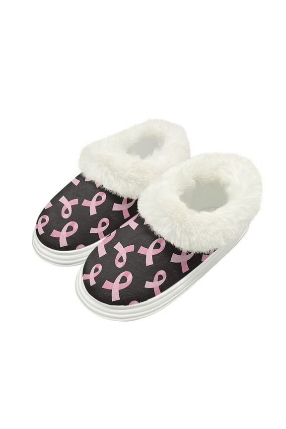 Womens Fuzzy Slippers Breast Cancer Pink Ribbon Print Fluffy Platform Slippers Memory Foam Indoor/Outdoor Shoes Warm Winter House Shoes, Size 4-5