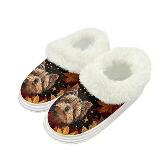 POLERO Womens Fuzzy Slippers Fall Leaves Yorkshire Terrier Print Fluffy Platform Slippers Memory Foam Indoor/Outdoor Shoes Warm Winter House Shoes, Size 5-6