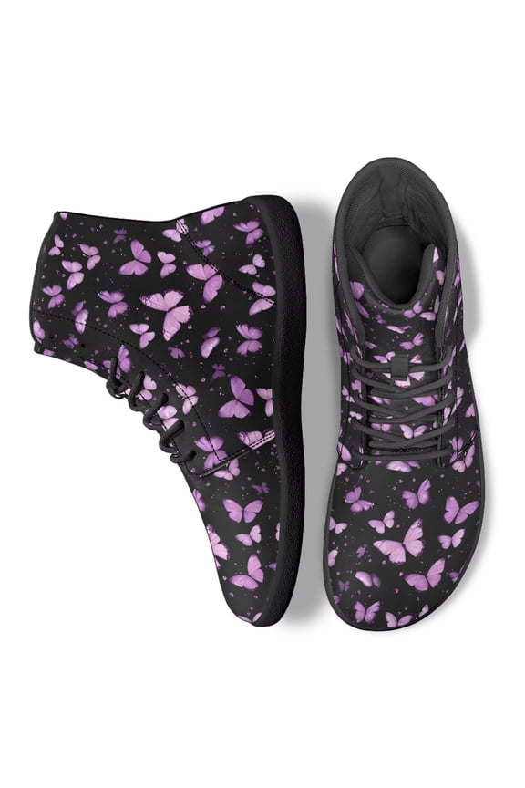 Womens Girls Purple Butterfly High Top Walk Shoes Trainer Athletic Barefoot Sneakers for Walking Jogging Gym PU Leather Walking Business Work Platform Sneaker with Ankle Support