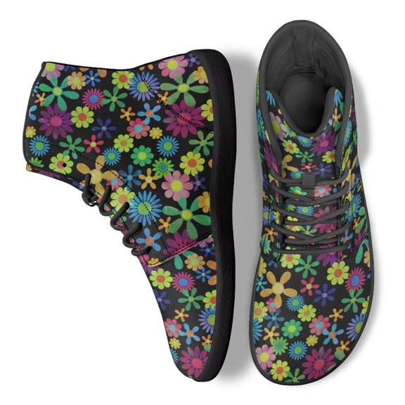 POLERO Womens Mens Green Hippie Flower Walking Sneaker Casual Floral Basketball Barefoot Shoes Lace Up High Top Running Sport Outdoor Sneakers Tennis Flat Shoes for Men Women