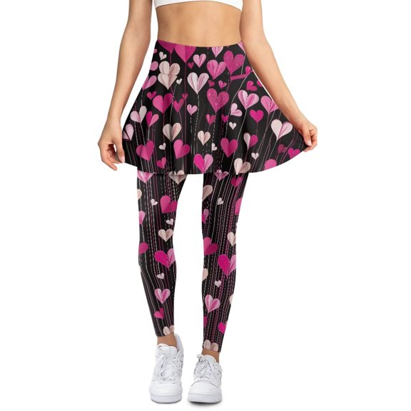 POLERO Womens Pink Love Yoga Leggings Tennis Skirt with Leggings Ruffle Pleated Skirted Legging Slim Fit Workout Flare Running Pants Full Length Gym Pants with Pockets for Women