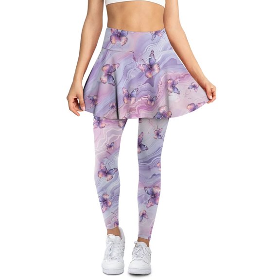 POLERO Womens Purple Butterfly Marble Athletic Skirt with Leggings Fall Winter Butt Lifting Tennis Skirted Legging Yoga Skirts Tights Gym Running Workout Pants for Women