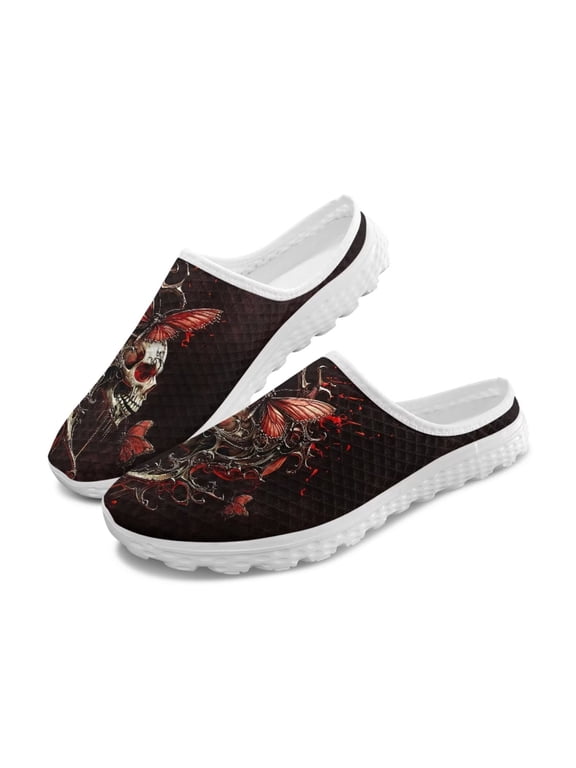 Womens Slip On Mules Shoes Skeleton Womens Footwear Comfortable Flat Red Butterfly Shoes Skull Pattern Slip On Loafers Nurse Work Width Shoes Breathable Open Back Shoe