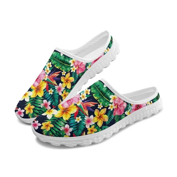 POLERO Womens Slip On Mules Sneaker Hawaii Style Hibiscus Flower Walking Sneakers Low Top Casual Footwear Backless Slip-on Shoe Summer Sandals