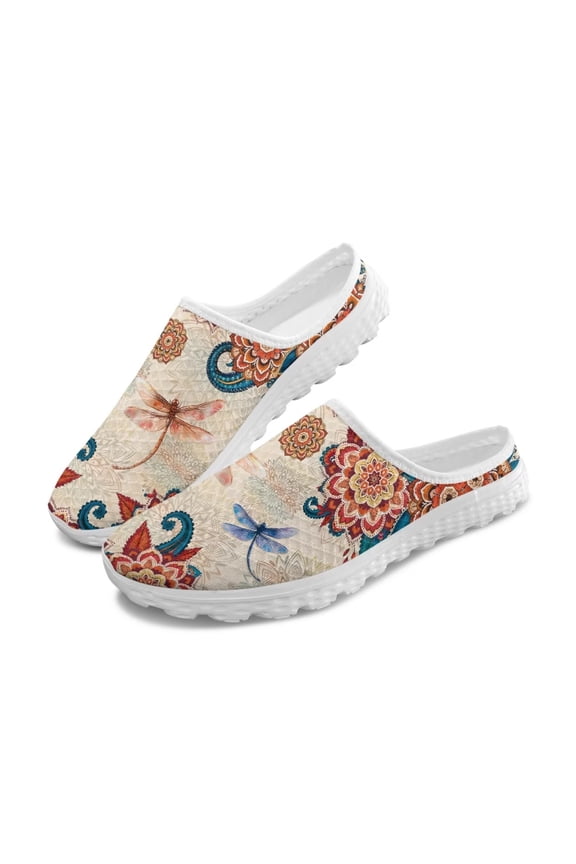 Womens Slip-on Mules Bright Blossom Flower Dragonfly Shoes Open Back Clogs Garden Shoes Mesh Slip On Loafers for Indoor Outdoor