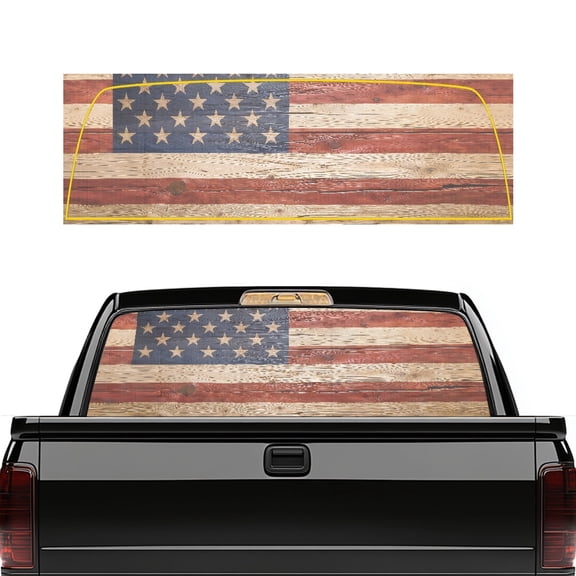 POLERO Wood US Flag Print Vinyl Truck Rear Window Decal, 66.9 x 22.4 Inch Perforated Weatherproof Car Rear Windshield Sunshade for Most Pickup Trucks