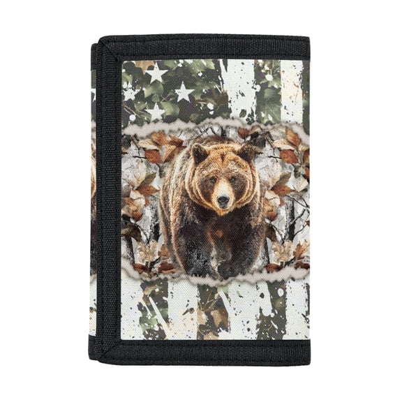 POLERO Woodland Brown Bear Print Slim Kids Trifold Wallet, Polyester Moneybag Compact Tifold Coin Purses for Outdoor Travel
