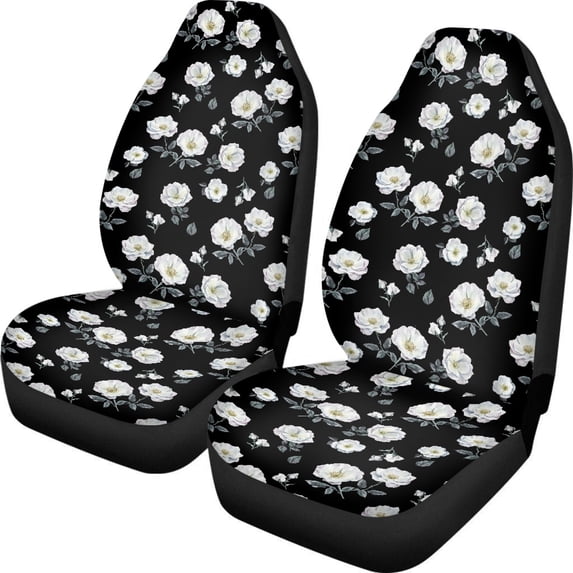 POLERO Wrap Around Fit Car Seat Cover for Auto, Nonslip Breathable Car Front Seat Cover Polyester Fabric Two Pack, Black Floral Lattice