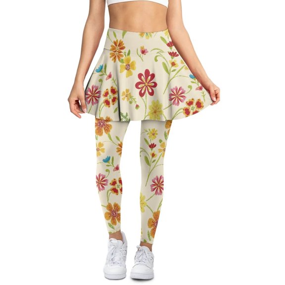 POLERO Yellow Flower Floral Yoga Leggings Tennis Skirt with Leggings for Women High Waist Sport Running Pants Pleated Skirted Gym Active Leggings Workout Trousers Pants Clothes with Pockets
