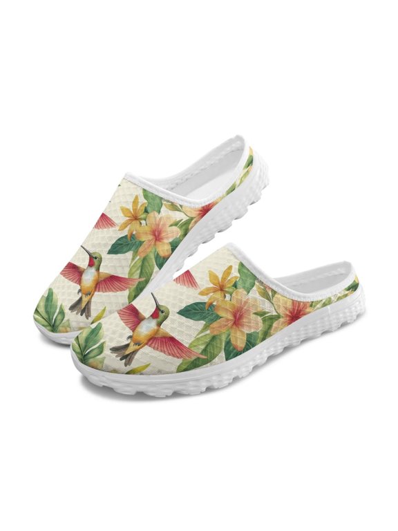 Yellow Flower Hummingbirds Mules for Women Lady Comfortable Mesh Walking Shoes Ladies Mother Home Shoes Garden Clogs