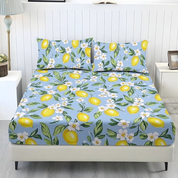 POLERO Yellow Lemon Bedding Set 3 Piece Fitted Sheet Set with Pillowcase for Kids Adult Bedroom Decor Coolin Bedding Cover,Twin