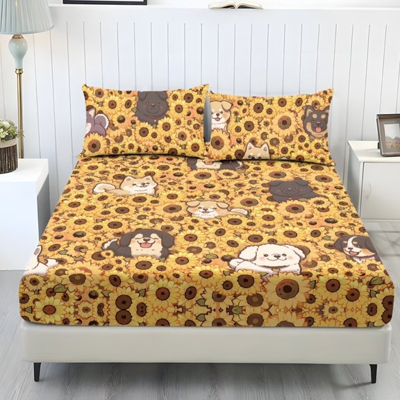 POLERO Yellow Sunflower Puppy Bed Sheet Set 3 Piece Breathable and Cooling Sheets Soft Bed Set for All Seasons, Bedding Set with Pillowcases Comfort Bedding Cover,Twin