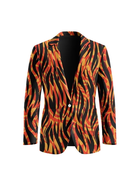 Zebra Print Flame Open Front Suit Jacket for Men Casual Blazer with 2 Side Pockets Slim Fit Sportcoat for Wedding,Dinner,Prom,Party,S