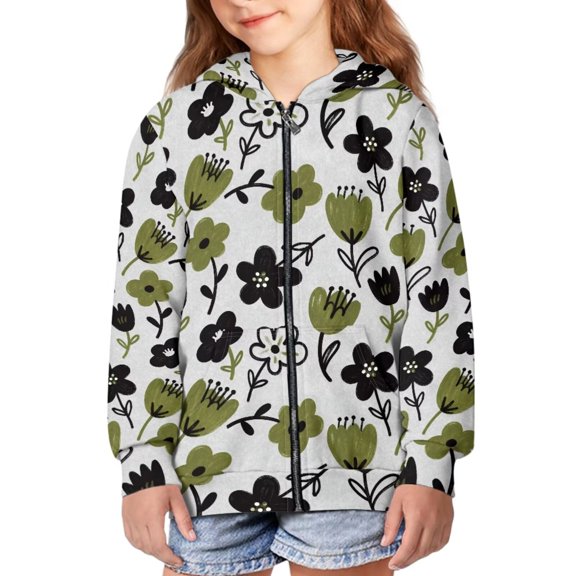POLERO Zip Up Hoodie for Girls Kids Green Floral Print Oversized Long Sleeve Sweatshirt Jacket with Pockets Winter Warm Clother 14-16 Years
