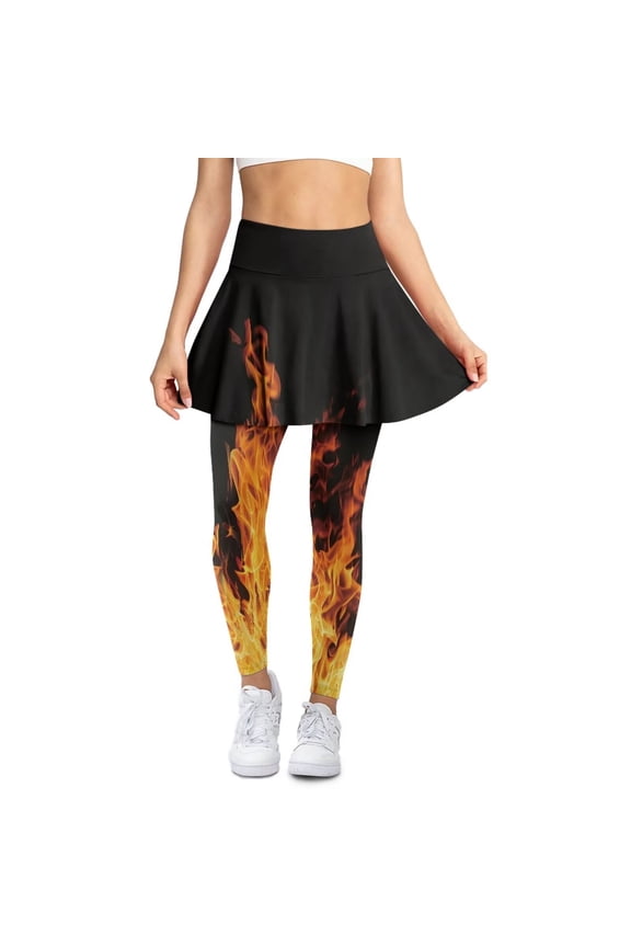 Fire Black Yoga Pants Skirt Non See Through Tights Skirted with Leggings for Women High Waisted Workout Athletic Tennis Legging Yoga Skirts Running Sports Pant with Pockets