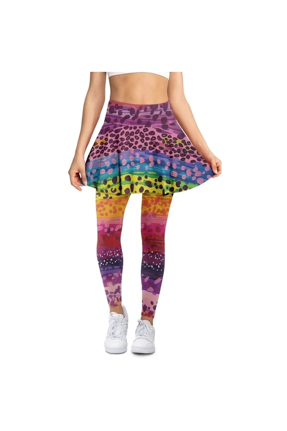 Rainbow Leopard Art Design Skirted Leggings with Skirts for Women High Waist Tennis Workout Pants with Pockets for Golf Tennis Pickleball Yoga Legging Butt Lifting Athletic Pants