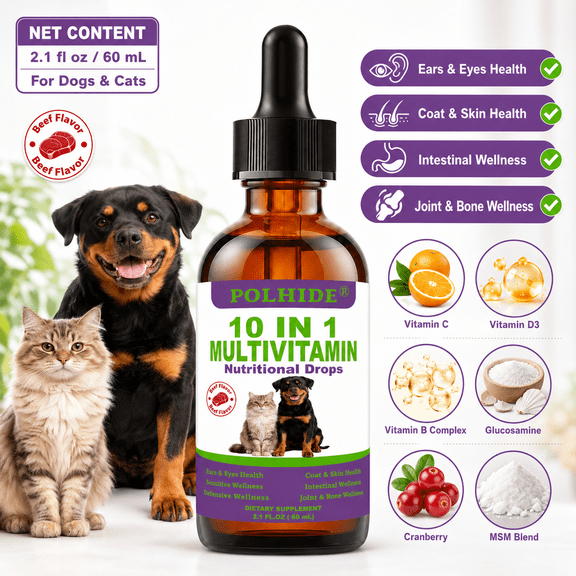 POLHIDE 10 in 1 Multivitamin Nutritional Drops for Dogs & Cats, Beef Flavor Liquid Drop Supplement with Vitamin C, Vitamin D3, Vitamin B Complex, Glucosamine, Cranberry & MSM Blend, 2.1 fl oz / 60 mL