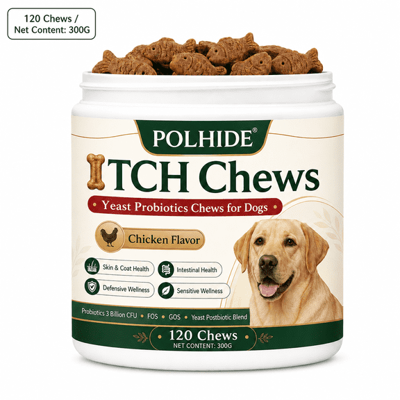 POLHIDE Allergy Probiotic Chews for Dogs, Yeast & Itch Relief, Skin Coat & Gut Health, 3 Billion CFU, Pork Flavor, 120 Count
