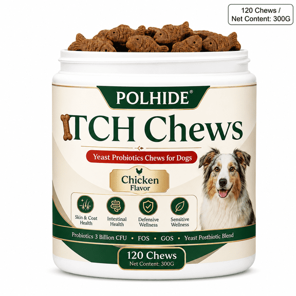 POLHIDE Allergy Probiotic Chews for Dogs, Yeast & Itch Relief, Skin Coat & Gut Health, 3 Billion CFU, Pork Flavor, 120 Count