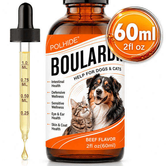 POLHIDE Boulardii Yeast Liquid Drops for Dogs & Cats, Intestinal and Skin & Coat Support, Saccharomyces boulardii, Beef Flavor, 2 fl oz (60 mL)