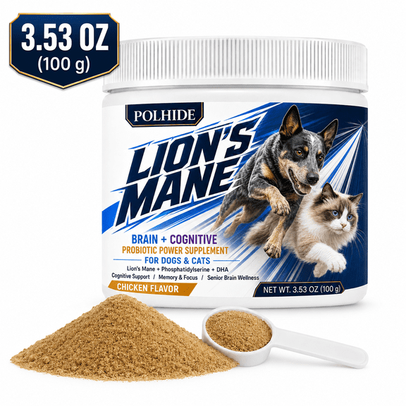 POLHIDE Lion's Mane Probiotic Powder for Dogs & Cats, Cognitive and Memory Support, Lion's Mane, Phosphatidylserine and DHA, Chicken Flavor, 3.53 oz (100 g)