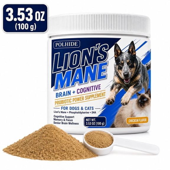 POLHIDE Lions Mane Probiotic Powder Supplement for Dogs & Cats, Phosphatidylserine & DHA, Brain & Cognitive Support, Memory & Focus, Senior Brain Wellness, Chicken Flavor, 3.53 oz / 100 g
