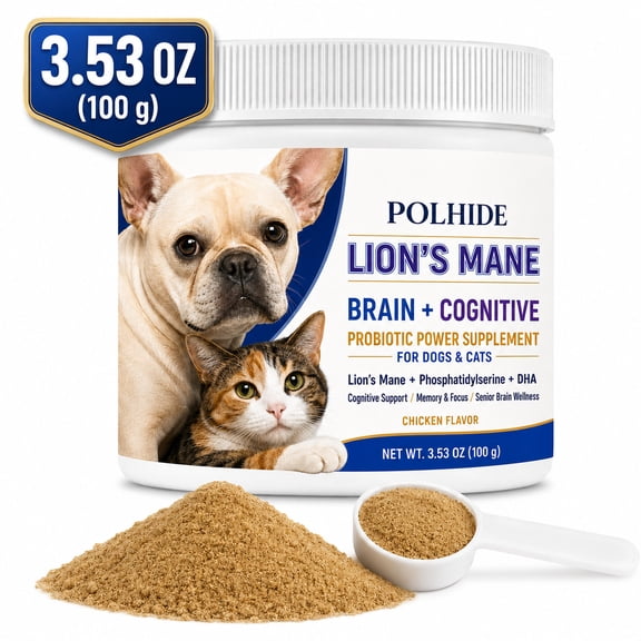 POLHIDE Lions Mane Probiotic Powder Supplement for Dogs & Cats, Phosphatidylserine & DHA, Brain & Cognitive Support, Memory & Focus, Senior Brain Wellness