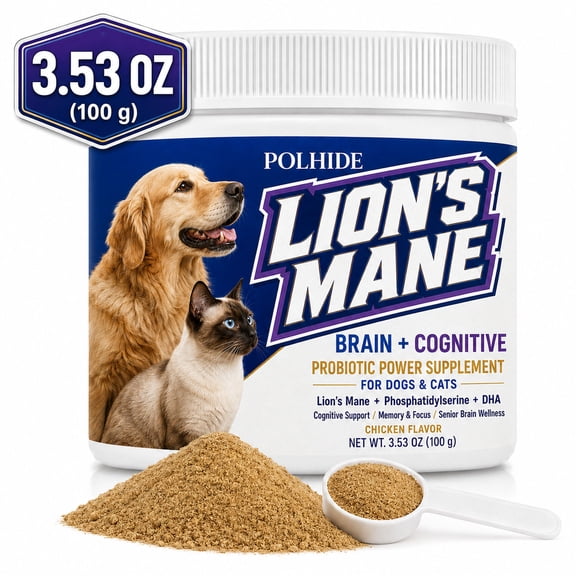 POLHIDE Lions Mane Probiotic Powder Supplement for Dogs & Cats, Phosphatidylserine & DHA, Brain & Cognitive Support, Memory & Focus, Senior Brain Wellness