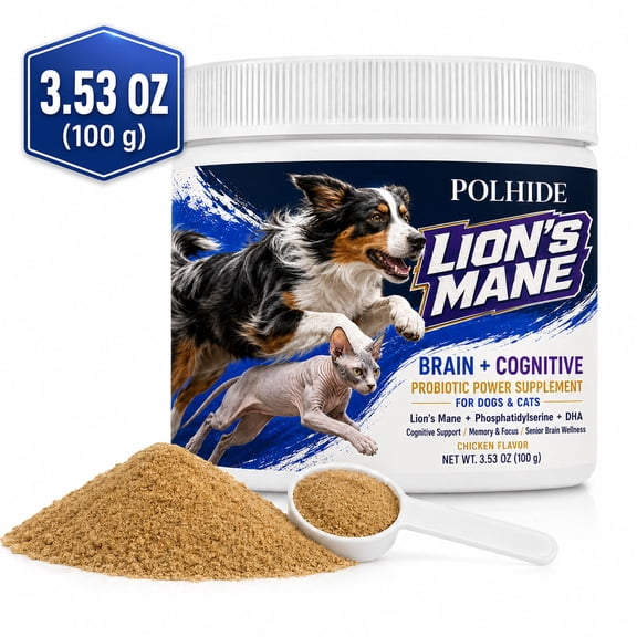 POLHIDE Lions Mane Probiotic Powder Supplement for Dogs & Cats, Phosphatidylserine & DHA, Brain & Cognitive Support, Memory & Focus, Senior Brain Wellness