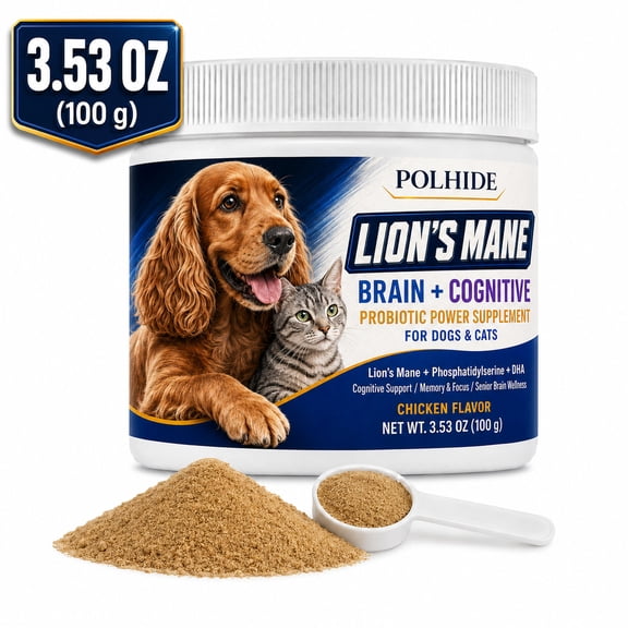 POLHIDE Lions Mane Probiotic Powder Supplement for Dogs & Cats, Phosphatidylserine & DHA, Brain & Cognitive Support, Memory & Focus, Senior Brain Wellness