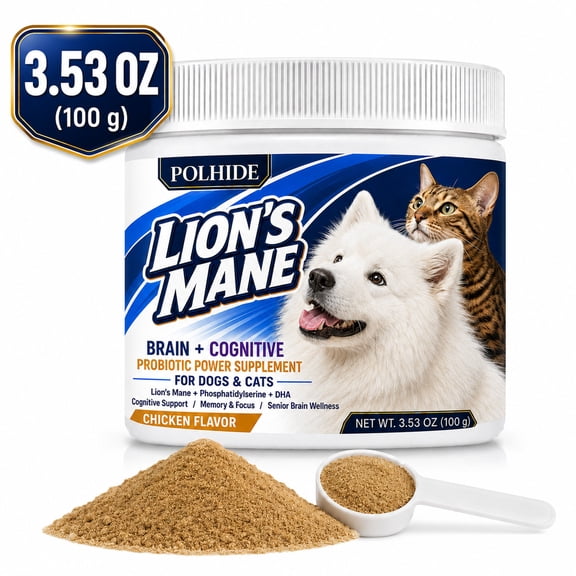 POLHIDE Lions Mane Probiotic Powder Supplement for Dogs & Cats, Phosphatidylserine & DHA, Brain & Cognitive Support, Memory & Focus, Senior Brain Wellness