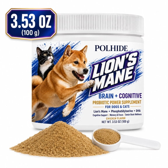 POLHIDE Lions Mane Probiotic Powder Supplement for Dogs & Cats, Phosphatidylserine & DHA, Brain & Cognitive Support, Memory & Focus, Senior Brain Wellness