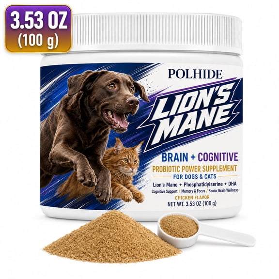 POLHIDE Lions Mane Probiotic Powder Supplement for Dogs & Cats, Phosphatidylserine & DHA, Brain & Cognitive Support, Memory & Focus, Senior Brain Wellness