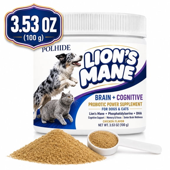 POLHIDE Lions Mane Probiotic Powder Supplement for Dogs & Cats, Phosphatidylserine & DHA, Brain & Cognitive Support, Memory & Focus, Senior Brain Wellness