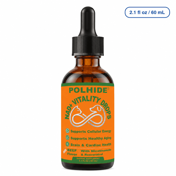 POLHIDE NAD+ Vitality Drops Dog and Cat Liquid Supplement, Nicotinamide Riboside, Quercetin Phytosome & Trans-Resveratrol, Beef Flavor, 2.1 fl oz / 60 mL