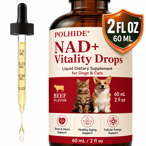 POLHIDE NAD+ Vitality Drops for Dogs & Cats, Cellular Energy and Healthy Aging Support, NAD, Beef Flavor, 2 fl oz (60 mL)