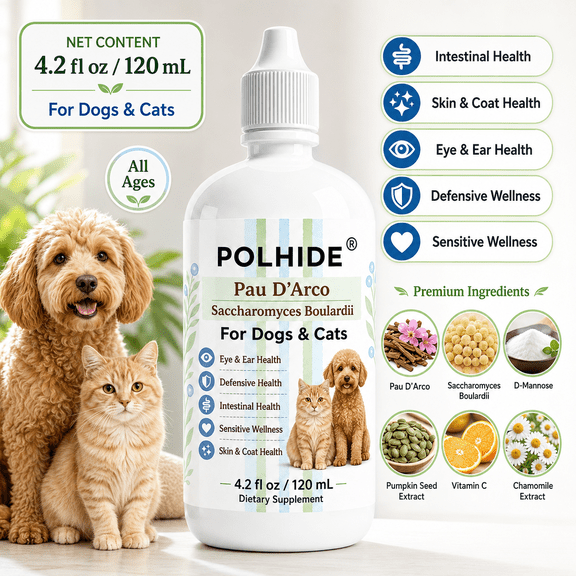 POLHIDE Pau D'Arco & Saccharomyces Boulardii Dog and Cat Probiotic Liquid Supplement, 5 Billion CFU/mL, 4.2 fl oz / 120 mL