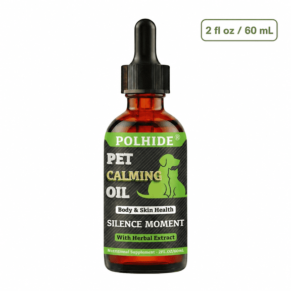 POLHIDE Pet Calming Oil Supplement for Dogs & Cats, L-Theanine & Melatonin Formula, Relaxation & Calm Support, Body & Skin Health, 2 fl oz / 60 mL