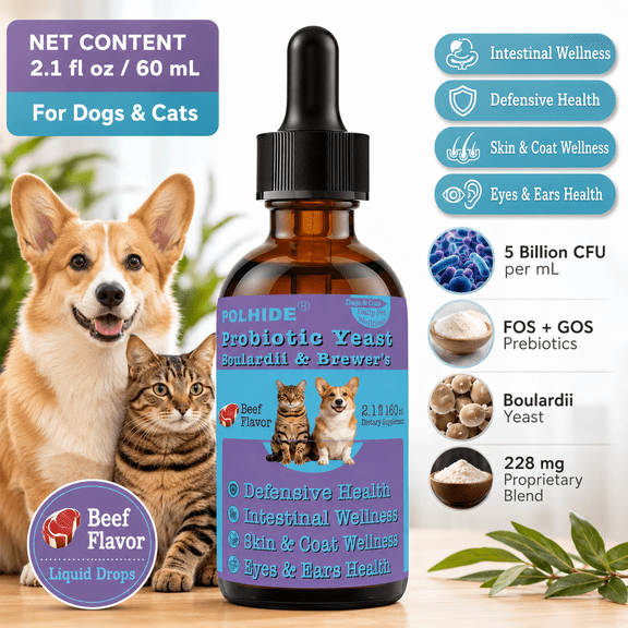 POLHIDE Probiotic Yeast Boulardii & Brewer's Drops for Dogs & Cats, Beef Flavor Liquid Supplement with Probiotics & Prebiotics FOS/GOS, Intestinal Wellness, Defensive Health, Skin & Coat and Eyes & E